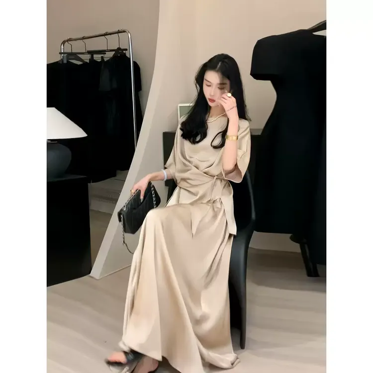法式交叉系带褶皱短袖衬衫高腰A字长裙夏新款高级感气质时尚套装