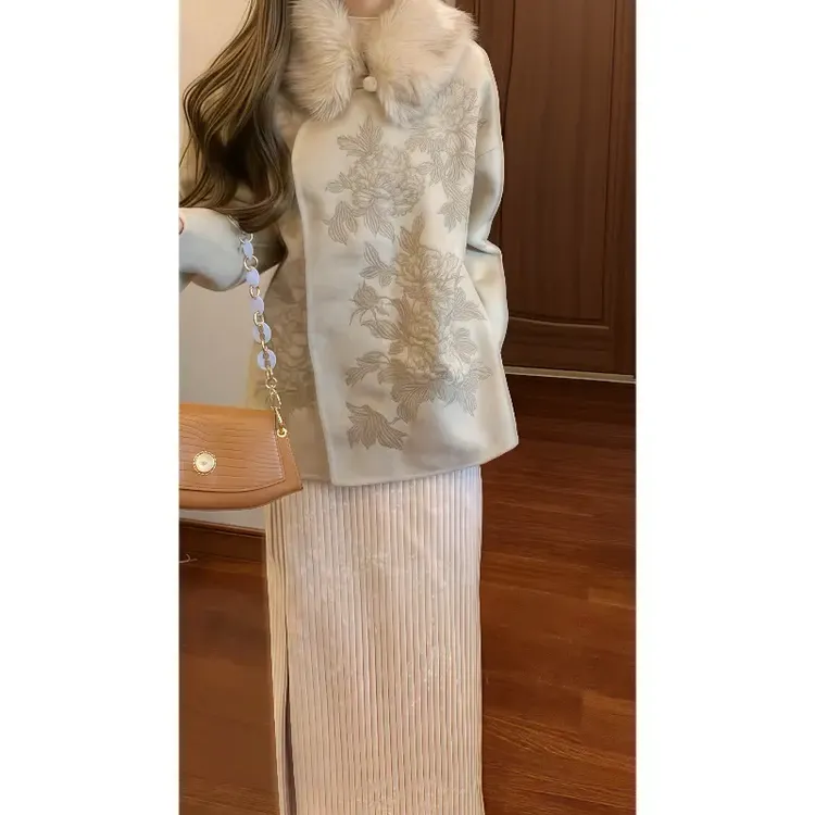 新中式国风牡丹花刺绣毛呢外套&葡萄扣丝绒夹棉半身裙时尚套装裙