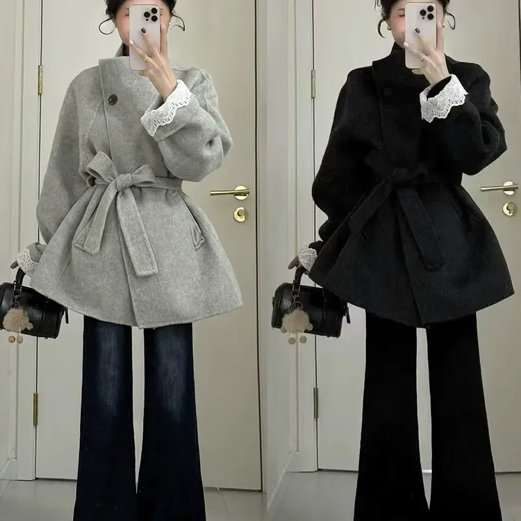 大码胖mm赫本风高级感收腰A型夹棉加厚系带收腰毛呢外套