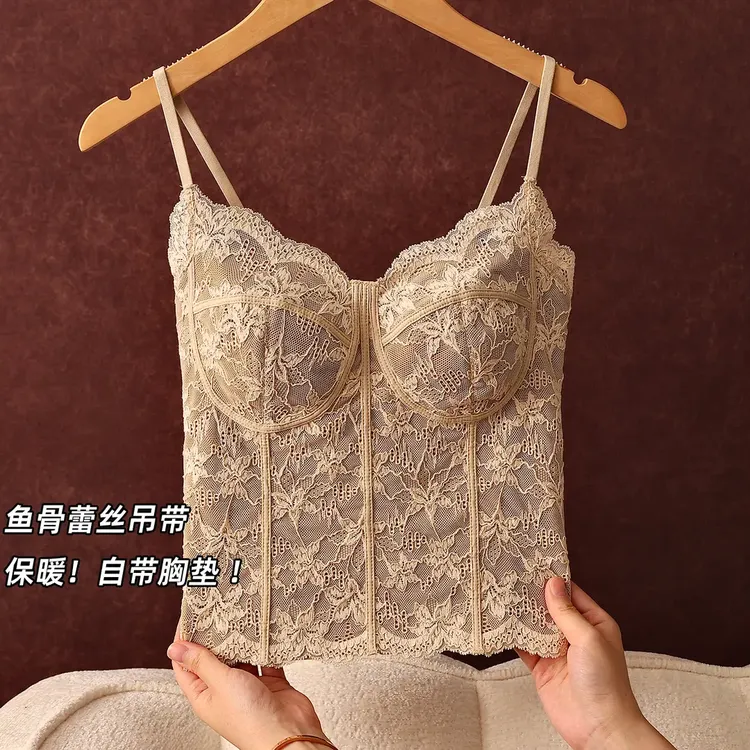 秋冬加绒蕾丝鱼骨吊带背心女2025新款保暖带胸垫内搭外穿打底上衣