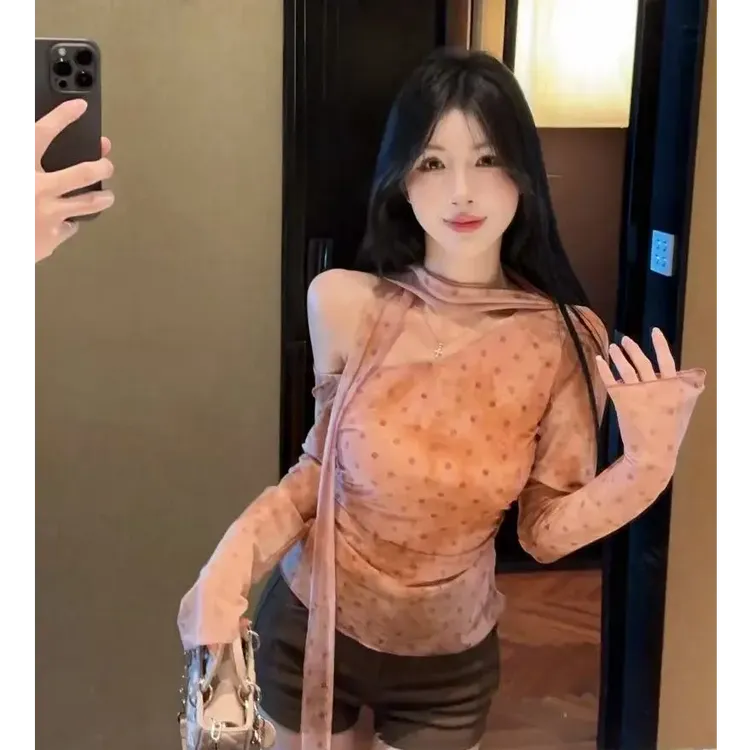 秋季新款薄感波点网纱斜肩系带长袖上衣女装别致百搭性感辣妹T恤