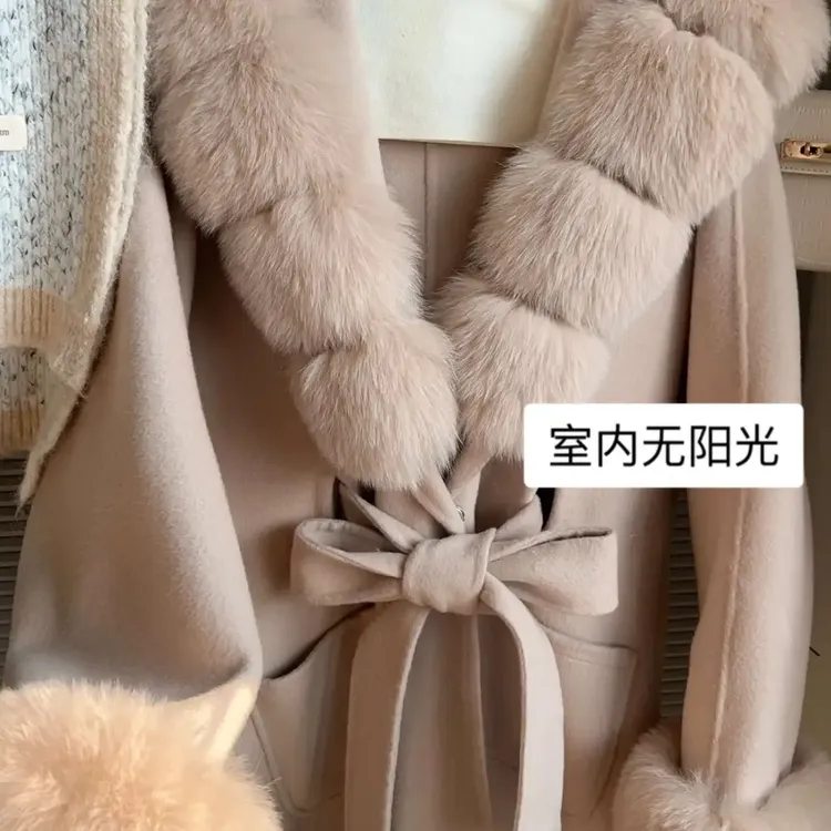 精灵狐千金感大领连帽双面呢大衣女中长款气质秋冬外套