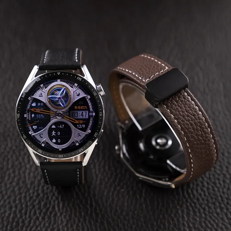 适用华为手表GT5新款磁吸扣watch4pro头层牛皮GT32荔枝纹BUDS表带