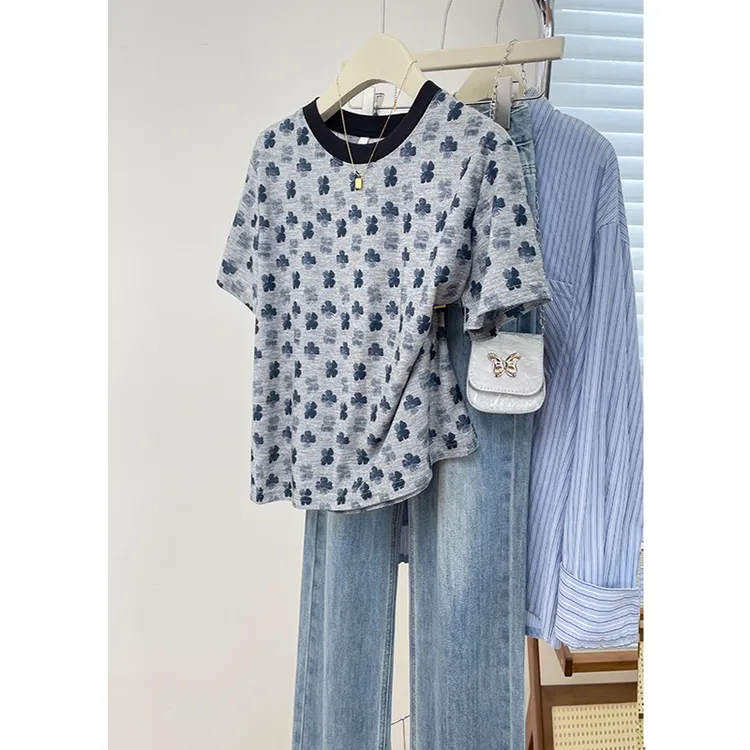 渐变花朵别致时髦短袖t恤夏季款宽松减龄百搭上衣设计感小众女装