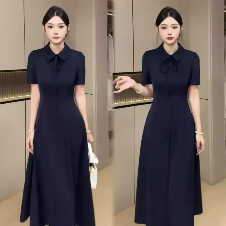 赫本风娃娃领短袖连衣裙女2025夏季新款收腰显瘦修身百搭气质长裙