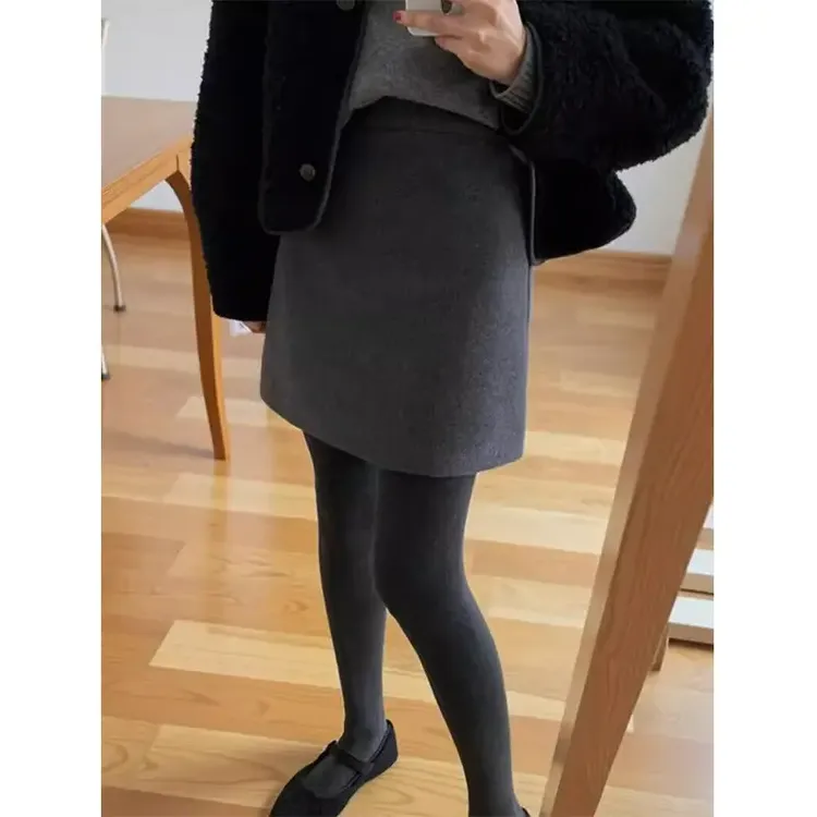 灰色毛呢半身裙女秋冬欧货高腰显瘦A字短裙时尚气质松紧腰包臀裙