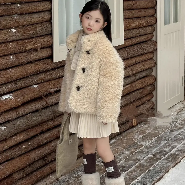 2025秋冬韩版立领仿皮草外套女童装短款毛毛衣加厚毛绒上衣中大童