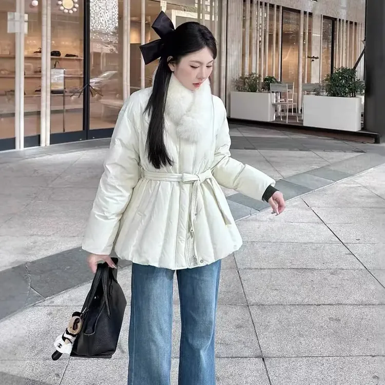 冬季新款韩系狐狸真毛领收腰显瘦90白鸭绒羽绒服女中长款保暖外套