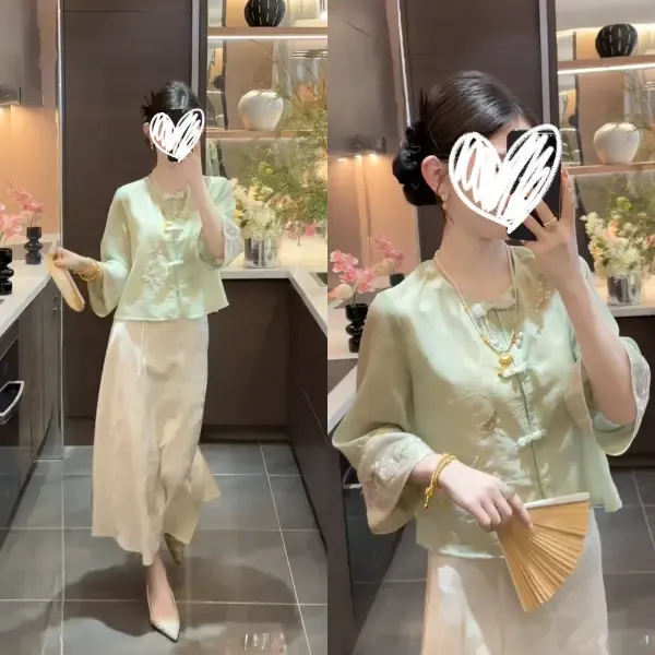 2025新款新中式对襟盘扣刺绣上衣女装国风温婉开叉半身裙两件套