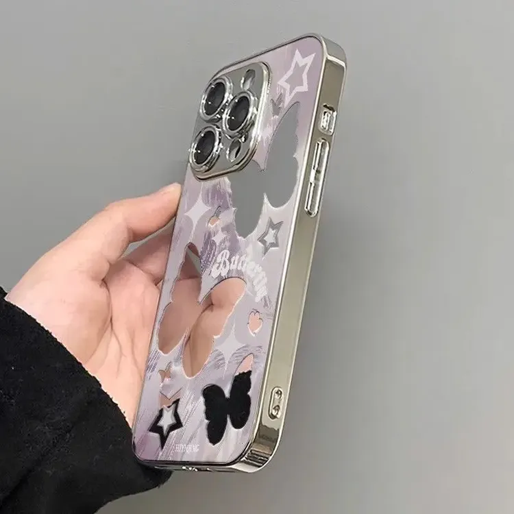 适用紫色镂空蝴蝶苹果15proMax手机壳镜面华为vivooppo小米全包壳