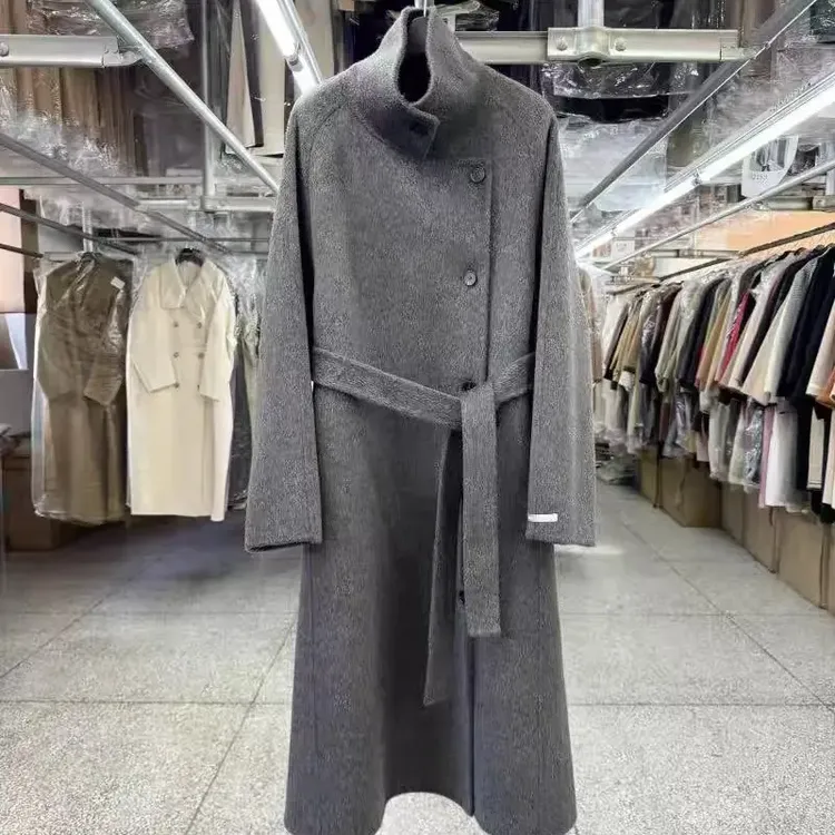 秋冬新款立领双面羊毛大衣高端气质中长款保暖毛呢外套大码灰色