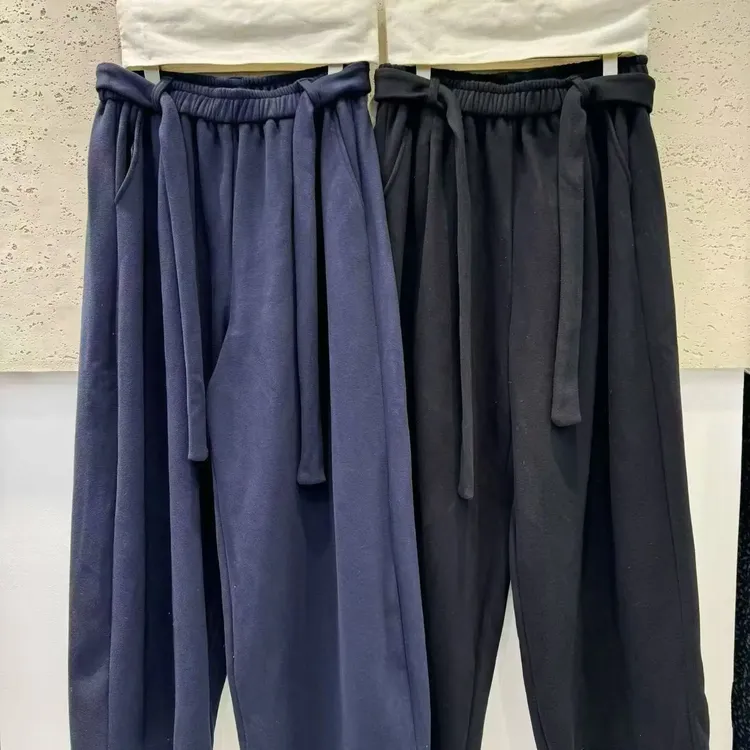 秋冬季加绒加厚松紧腰显瘦裤复古垂感宽松休闲阔腿裤老钱风