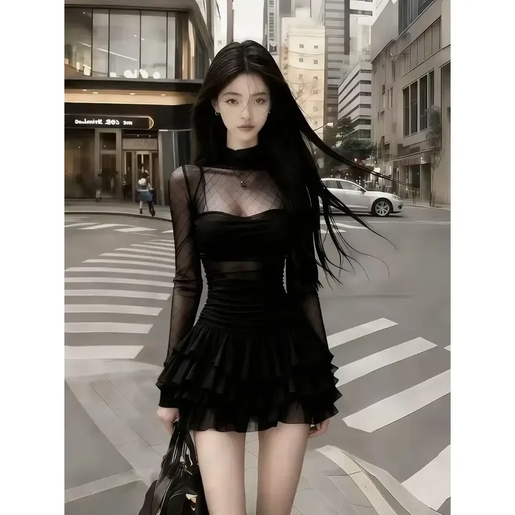 轻奢气质名媛纯欲风黑色半高领网纱拼接微透氛围感气质辣妹连衣裙
