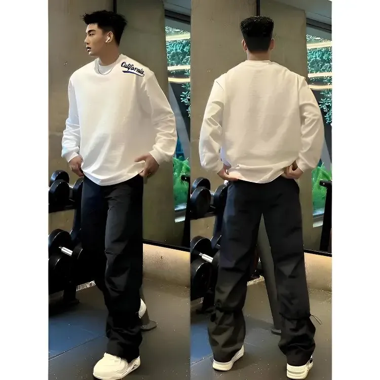 美式潮牌重磅圆领长袖t恤男女同款打底衫宽松纯棉秋季情侣上衣潮