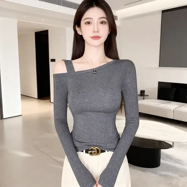 露肩打底衫女春秋冬新款长袖t恤2025显瘦设计感小众性感斜肩上衣