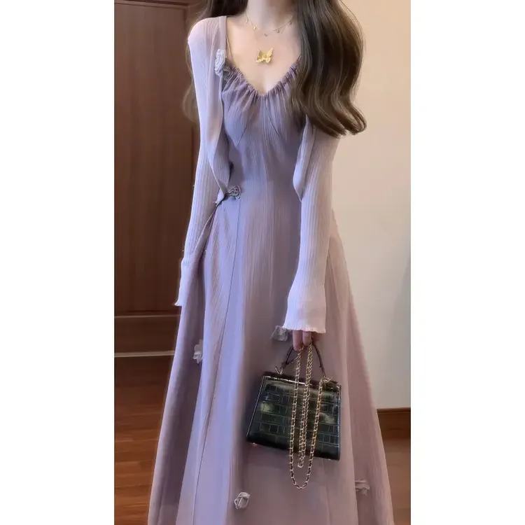 【丁香风铃】紫色优雅设计感立体花朵吊带连衣裙&防晒空调开衫