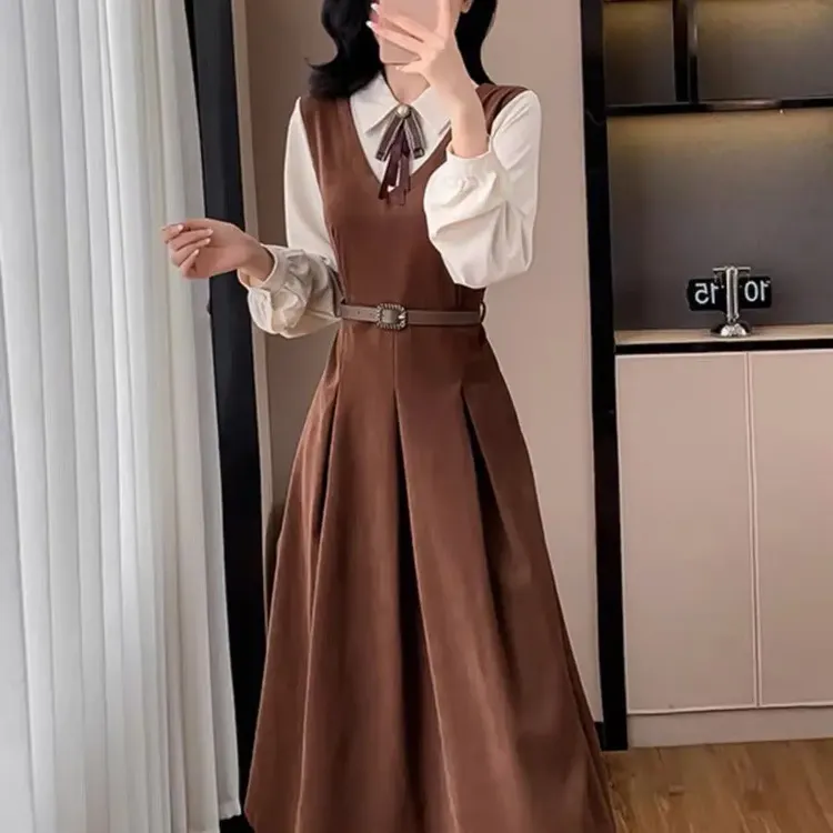 中小码学院风法式假两件长袖连衣裙女春秋收腰显瘦遮肉