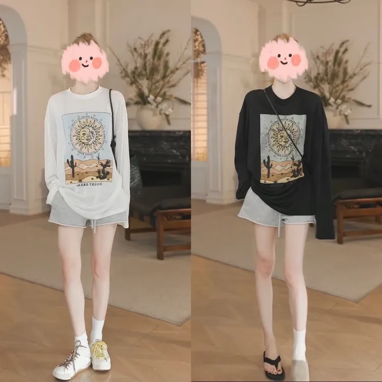 夏季新款小众特色印花雪花颗粒感轻薄柔软防晒T恤卷边短裤两件套