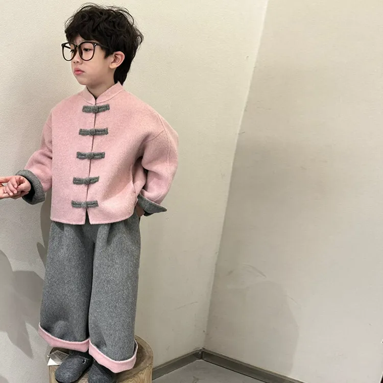 儿童拜年服男女童新中式毛呢套装冬装洋气加厚粉色外套裤子