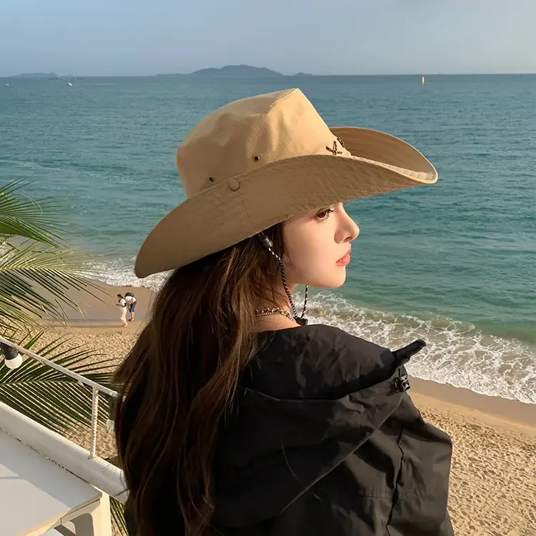 西部牛仔帽山系露营出游抽绳渔夫帽子夏季遮阳徒步防晒钓鱼帽户外