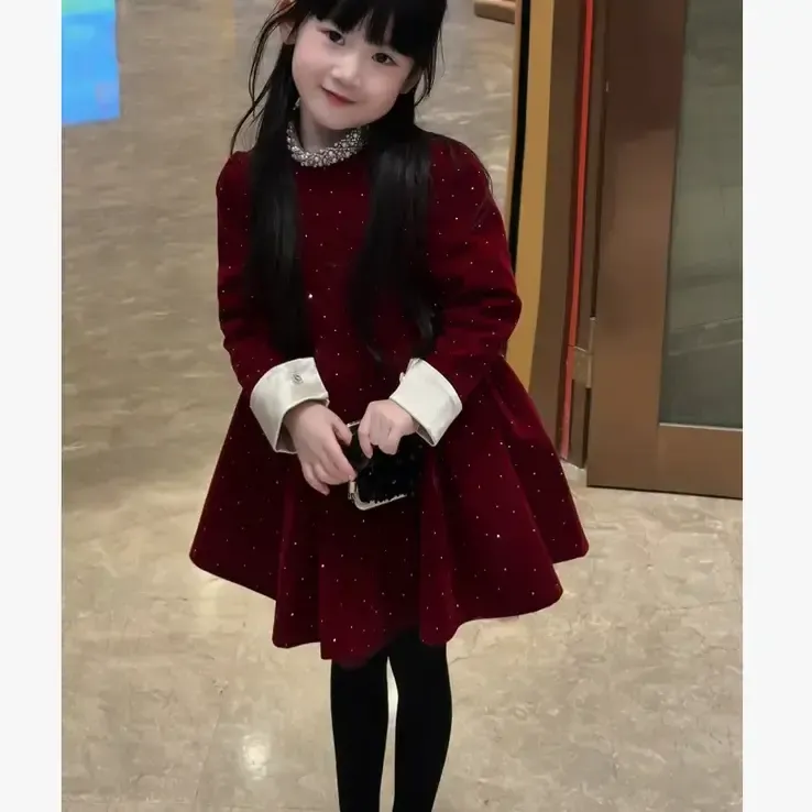 女童加绒连衣裙冬季新款小女孩名媛风生日裙公主丝绒裙新年服潮