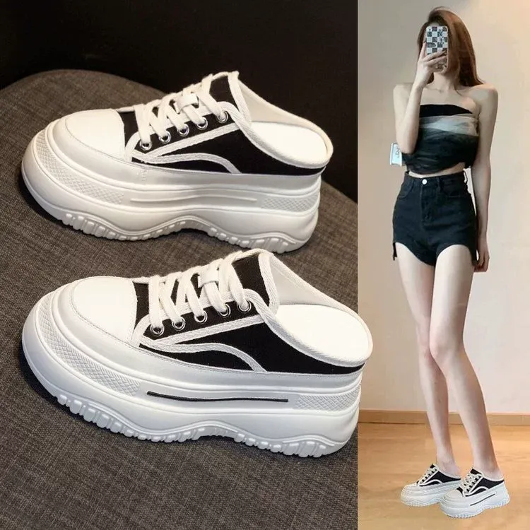 8cm厚底帆布鞋女2025夏季新款包头小个子轻便小码34时尚运动拖鞋