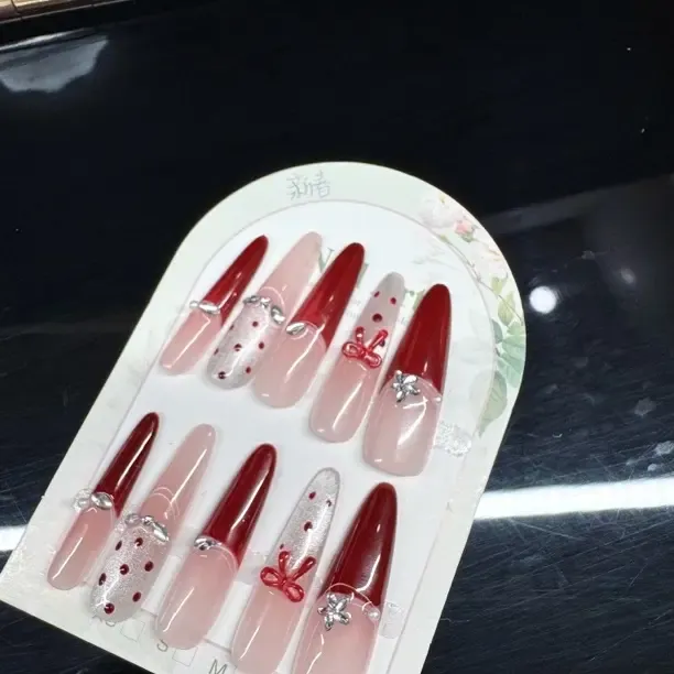 中长款杏仁甲法式波点蝴蝶结纯手工穿戴甲显白美甲贴片