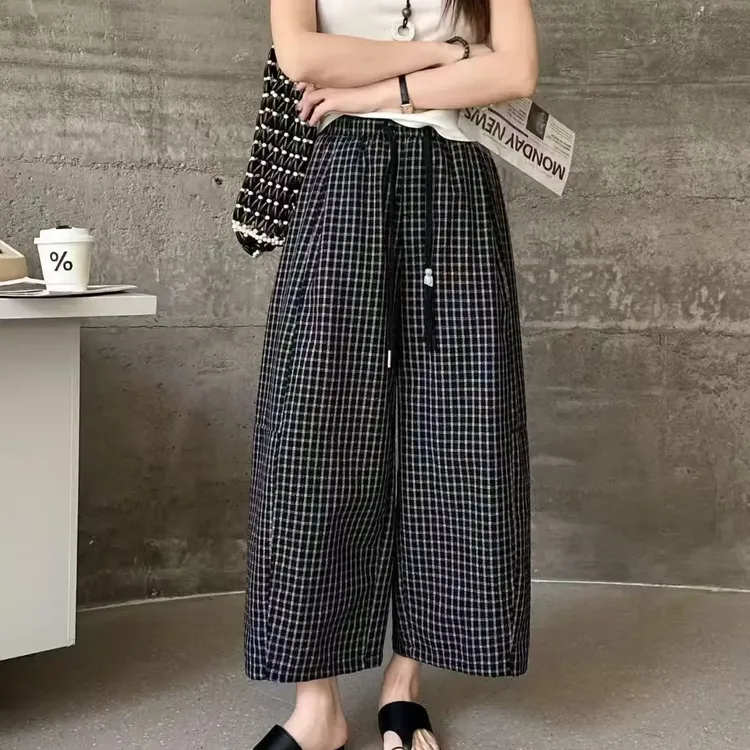 6077夏季多巴胺风格弯刀裤宽松显瘦凹凸格子八分女裤长85-88