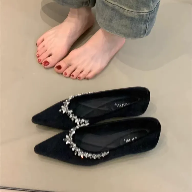 水钻链晚晚风单鞋2025春季新款软底气质尖头浅口红色名媛单鞋女