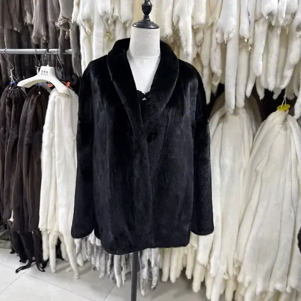 进口宝嘉美黑水貂青果领V领70衣长女士水貂外套