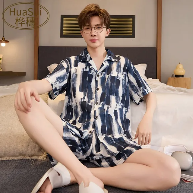 2025新款男生睡衣夏季冰丝凉感短袖开衫套装宽松加大码奢华家居服