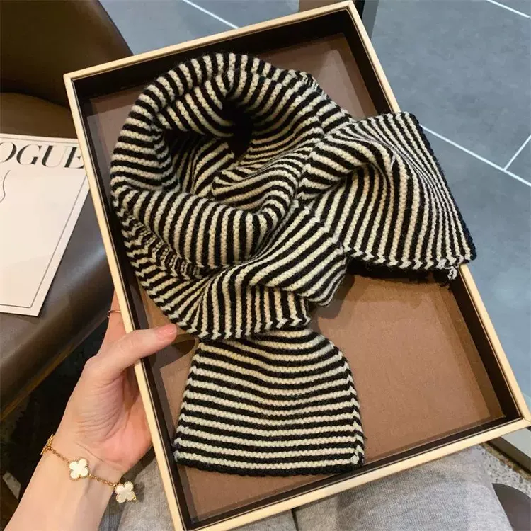 ins韩系黑白条纹长款针织小围巾女冬季韩版百搭学生情侣毛线围脖