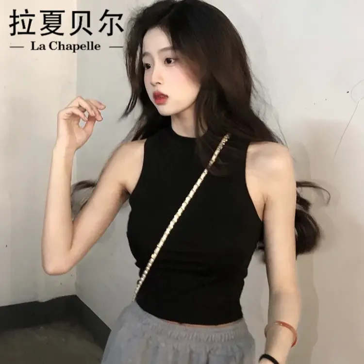 拉夏贝尔拉夏贝尔辣妹紧身背心吊带女夏季内搭外穿短款黑色上衣修