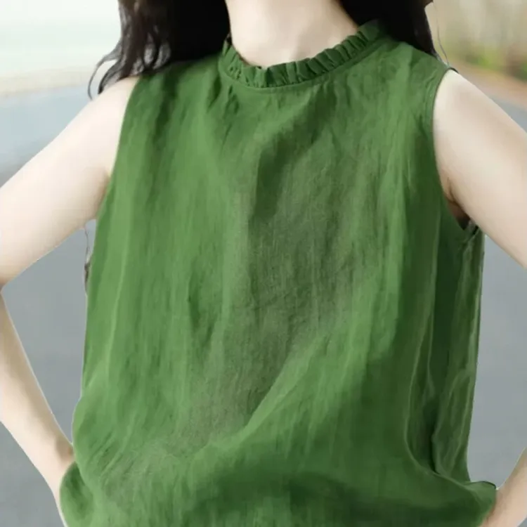 大码亚麻今年超火绿色小背心女2025夏胖mm小众设计木耳领无袖上衣