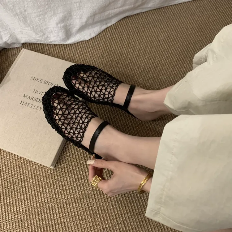 MUMU甜酷渔网鞋小众时髦2025新款黑色网面透气平底包头半拖鞋女鞋