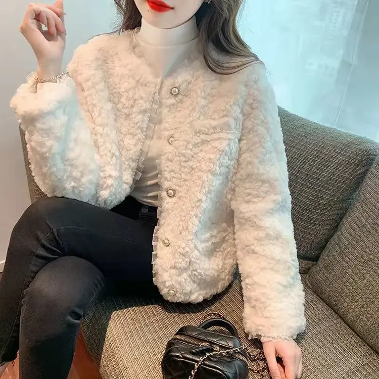 宽松韩版小香风秋冬款毛绒高级气质蕾丝花边短外套名媛
