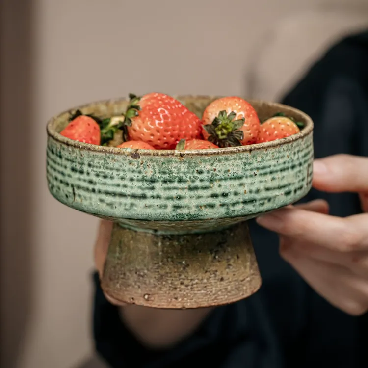 小悠家〖国内手作〗手工果盘复古粗陶高脚水果盘茶室坚果盘点心盘