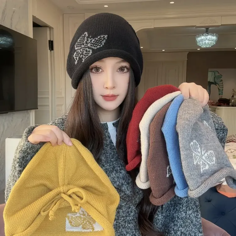 原创蝴蝶卷边堆堆帽护耳保暖帽子显脸小百搭包头帽子女潮冷帽韩版