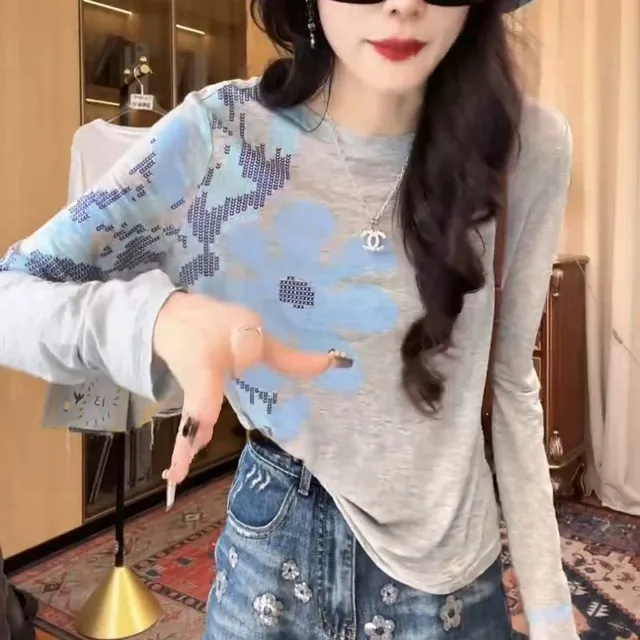 小众高级感印花薄款长袖T恤女夏季2025新款小个子修身显瘦ins上衣