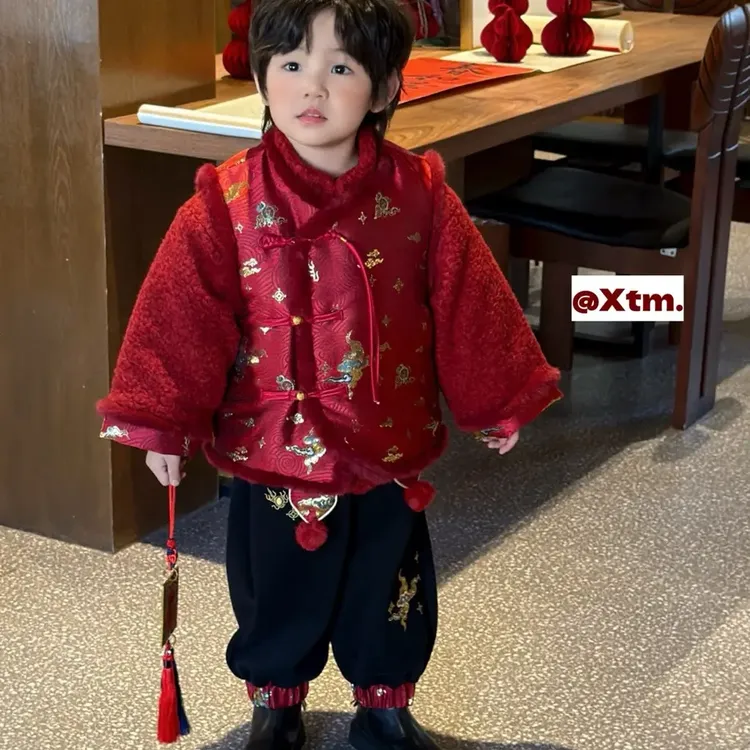 汉服冬季拜年服国风喜庆套装演出服男女童过年衣服