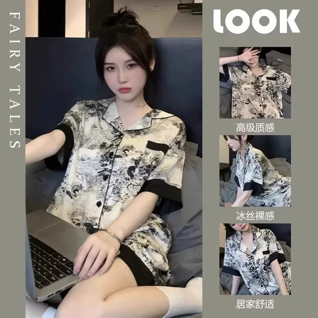 短袖睡衣女夏季薄款网红风2025新款水墨画高级感夏天家居服可外穿