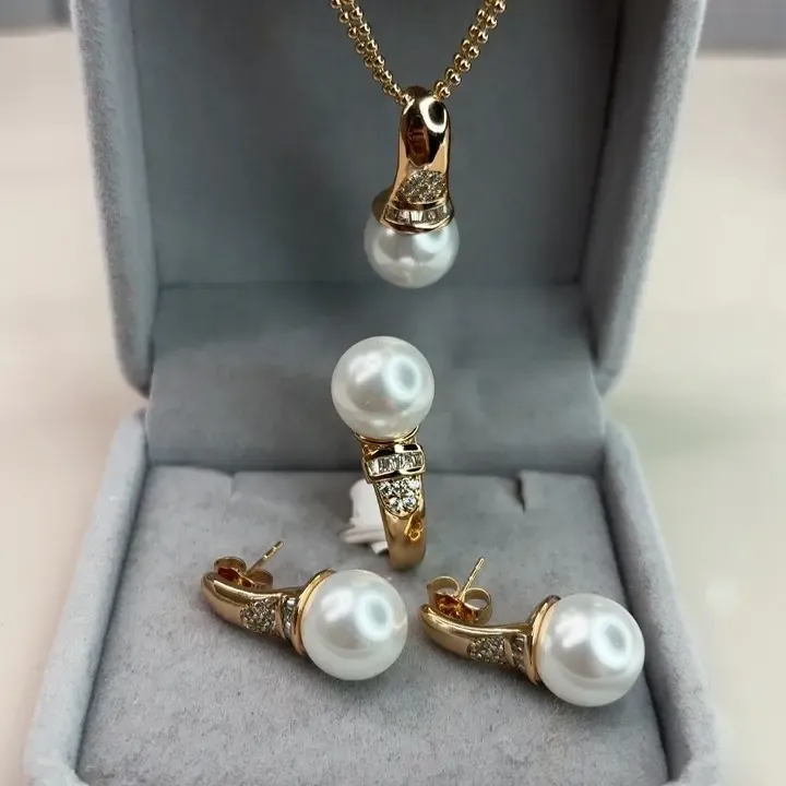 铜合金仿珍珠戒指  铜合金锆石珍珠套装