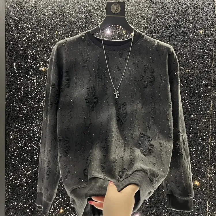 时尚满天星圆领长袖卫衣爆款秋冬款破洞渐变亮片打底衫轻奢高级感