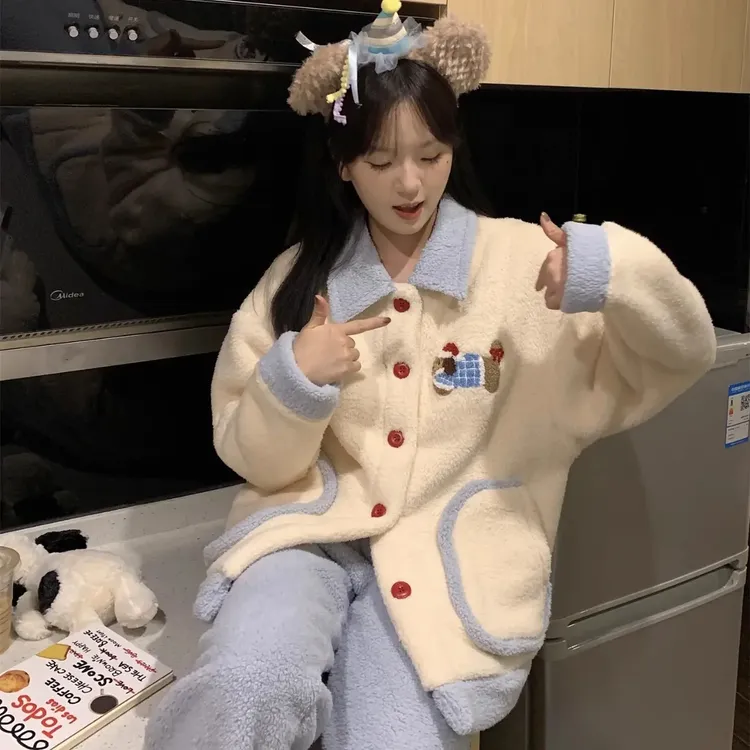 甜美可爱可外穿秋冬士珊瑚绒法兰绒保暖睡衣家居服