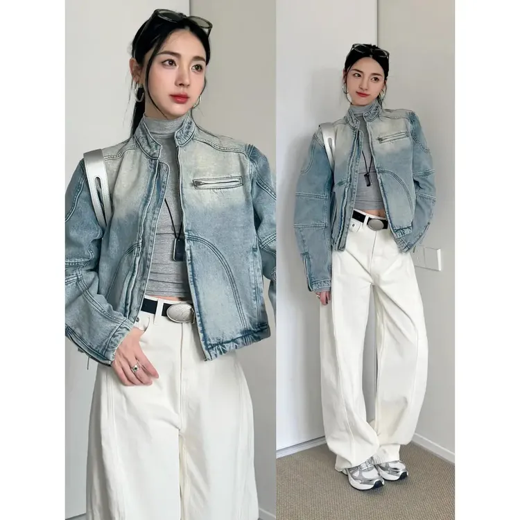 高街水洗做旧牛仔外套女港风复古宽松休闲早秋季薄款工装夹克上衣