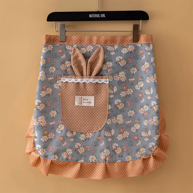 兔耳朵半截围腰夏季帆布透气碎花半身围裙家用厨房防油污短款围裙