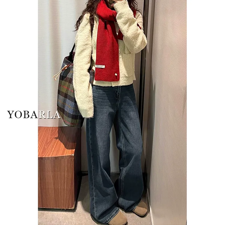 蓝灰色高腰直筒牛仔裤女秋冬加绒梨形身材大码胖mm宽松显瘦阔腿裤