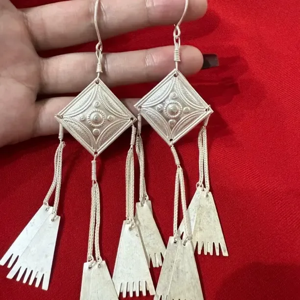 足银羽毛耳饰 足银复古耳环长款民族风耳坠气质纯手工银色百搭
