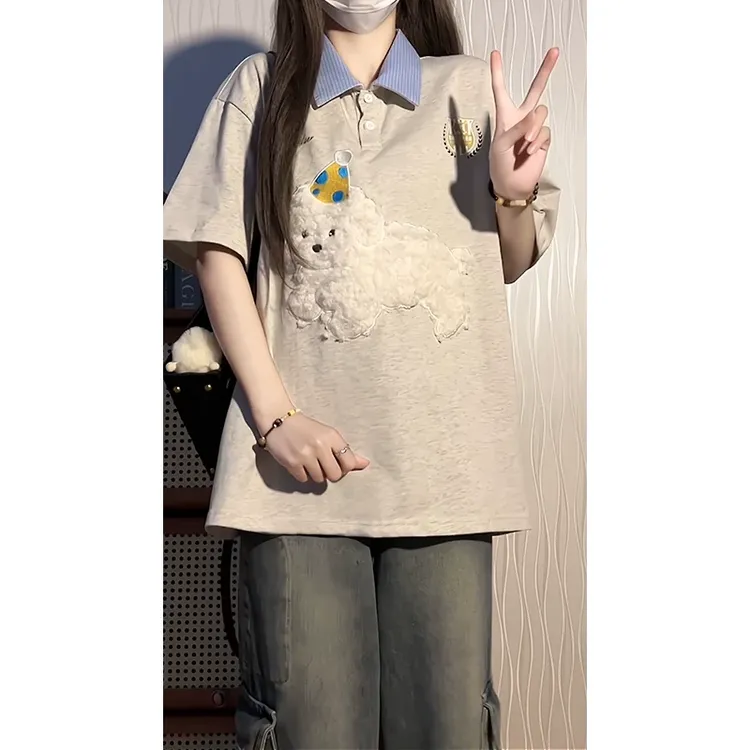 刺绣狗狗拼色polo领学院风短袖t恤女宽松夏季美式复古情侣上衣潮