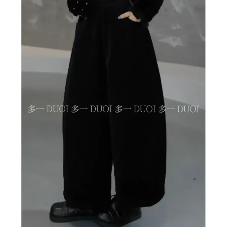 多一“蓝雾”2025冬季新款时髦纯色松紧腰复古百搭灯芯绒阔腿裤